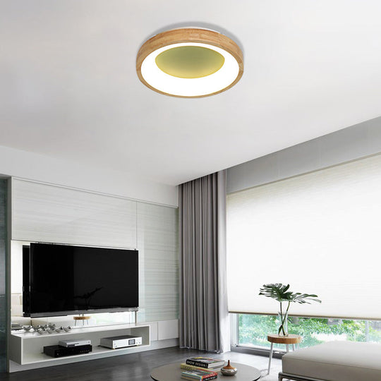 Nordic Style LED Flushmount Ceiling Light - Green/Blue, Wood Circular Design - 12"/16"/19.5" Width