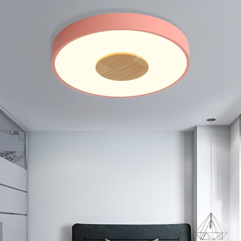 Nordic Iron Round Flush Mount Ceiling Light - 1 Head Pink/Blue/White Lighting Fixture For Bedroom
