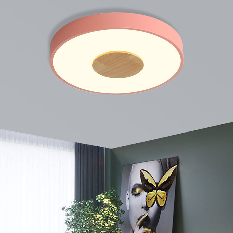 Nordic Iron Round Flush Mount Ceiling Light - 1 Head Pink/Blue/White Lighting Fixture For Bedroom