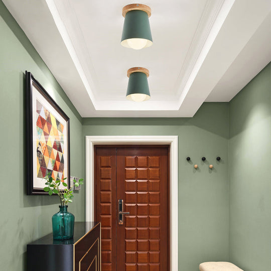 Contemporary Conical Ceiling Light, Gray/White/Green - Metal Flush Mount for Bedroom