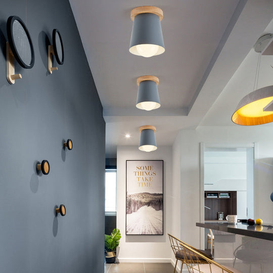 Contemporary Conical Ceiling Light, Gray/White/Green - Metal Flush Mount for Bedroom