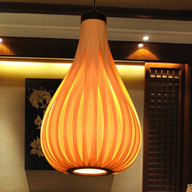 Asian Gourd Wood Ceiling Light: 1-Bulb Beige Pendant Lighting Fixture For Restaurants