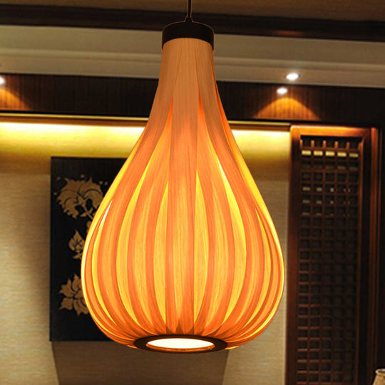 Asian Gourd Wood Ceiling Light: 1-Bulb Beige Pendant Lighting Fixture For Restaurants