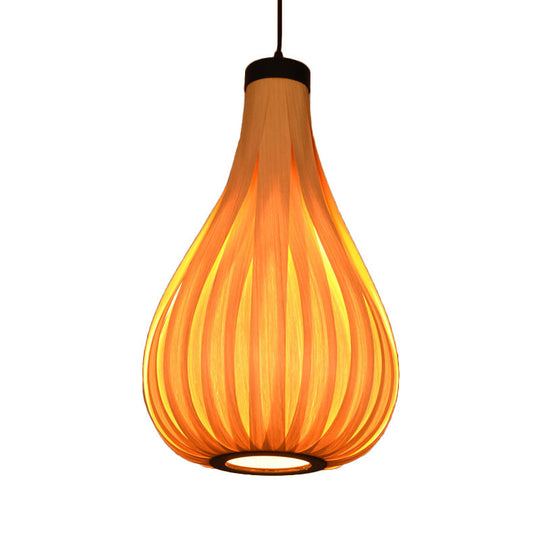Asian Gourd Wood Ceiling Light: 1-Bulb Beige Pendant Lighting Fixture For Restaurants