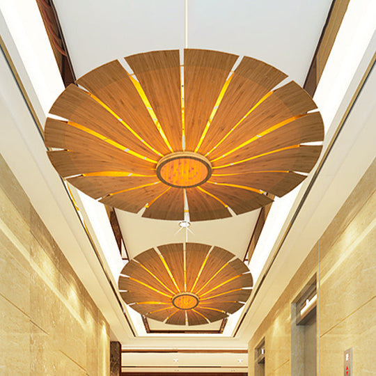 Beige Asian Wood Flying Saucer Ceiling Lamp - 19.5/27.5 Wide 1 Bulb Pendant Lighting Fixture