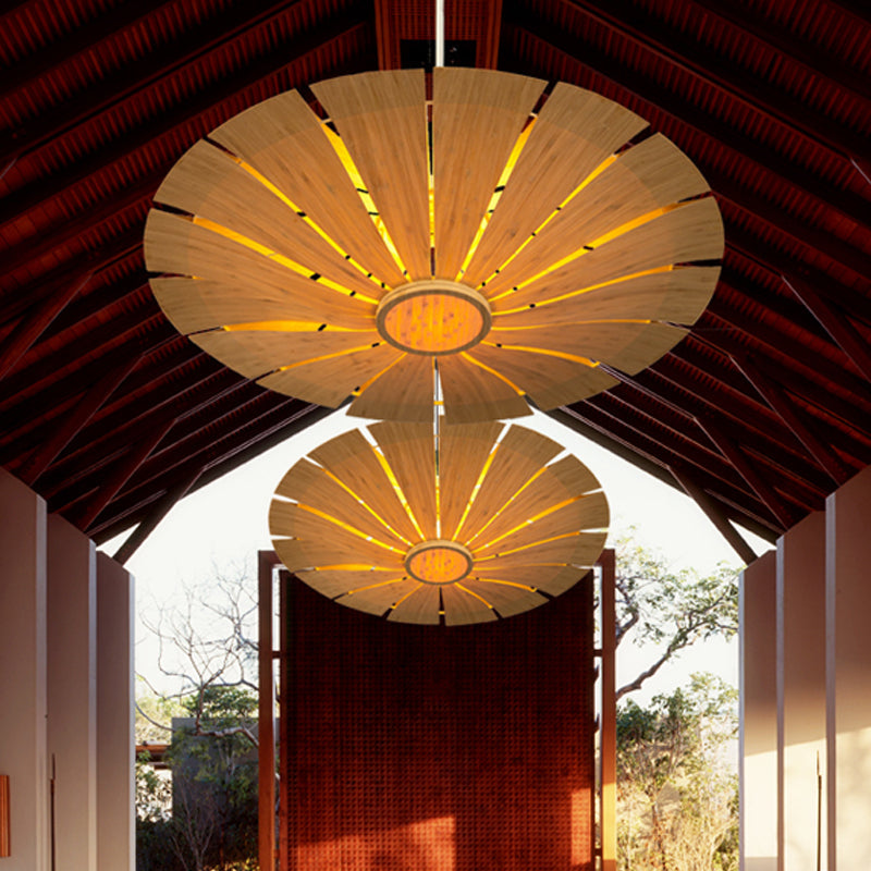 Beige Asian Wood Flying Saucer Ceiling Lamp - 19.5/27.5 Wide 1 Bulb Pendant Lighting Fixture