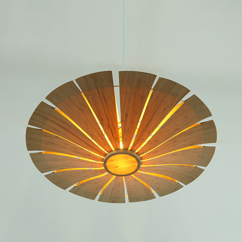 Beige Asian Wood Flying Saucer Ceiling Lamp - 19.5/27.5 Wide 1 Bulb Pendant Lighting Fixture