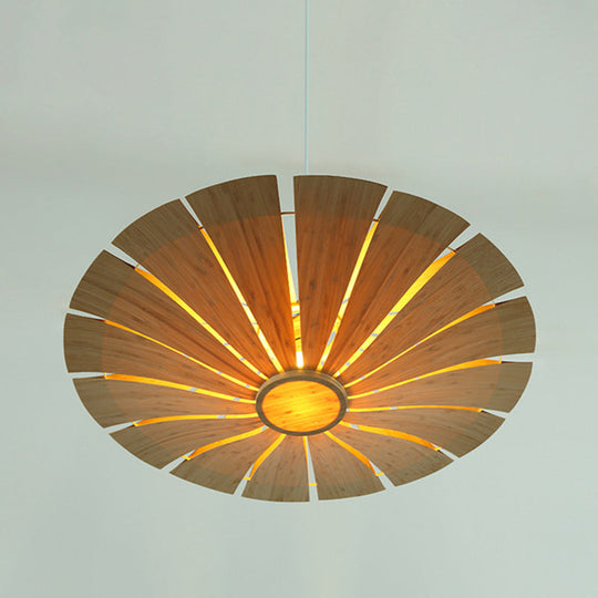 Beige Asian Wood Flying Saucer Ceiling Lamp - 19.5/27.5 Wide 1 Bulb Pendant Lighting Fixture