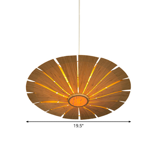 Beige Asian Wood Flying Saucer Ceiling Lamp - 19.5/27.5 Wide 1 Bulb Pendant Lighting Fixture