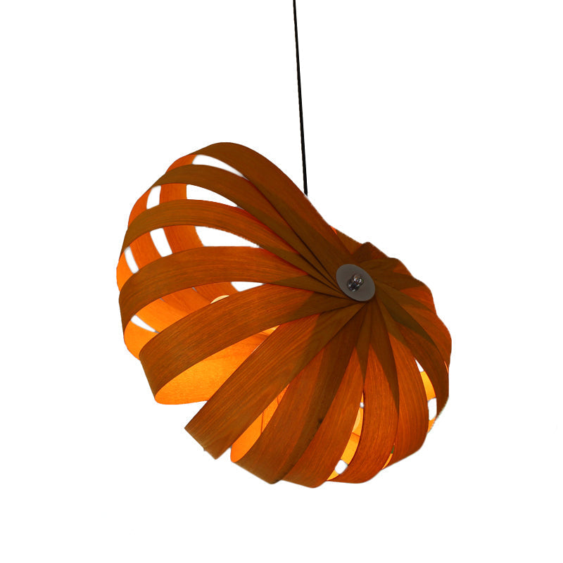 Asian Yellow Pendant Ceiling Light With Curvy Wood Shade For Restaurateurs