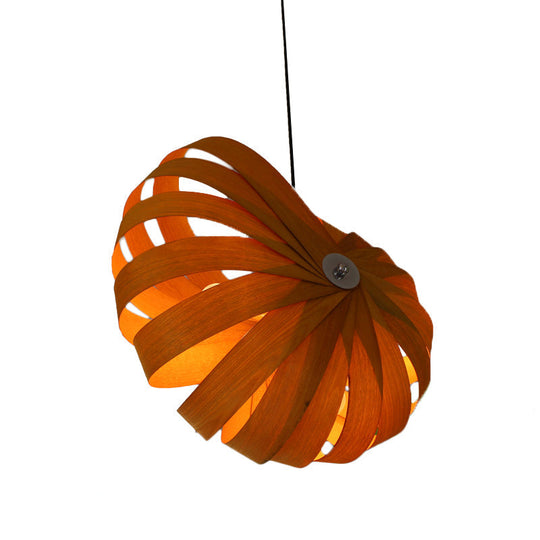 Asian Yellow Pendant Ceiling Light With Curvy Wood Shade For Restaurateurs