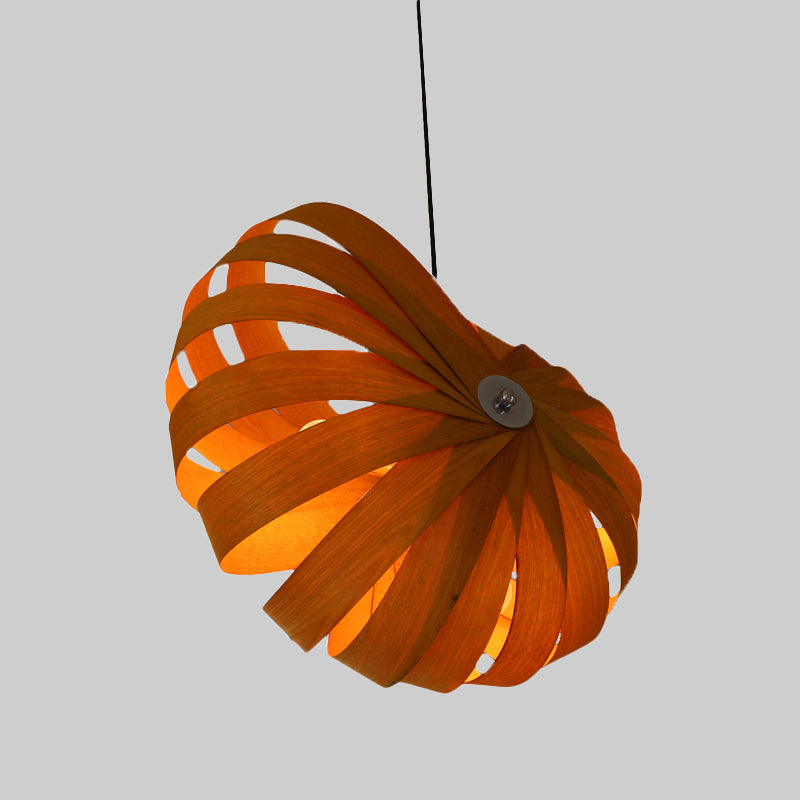 Asian Yellow Pendant Ceiling Light With Curvy Wood Shade For Restaurateurs
