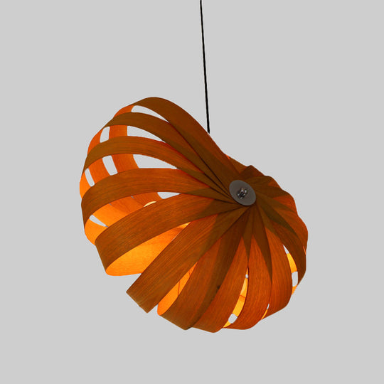 Asian Yellow Pendant Ceiling Light With Curvy Wood Shade For Restaurateurs