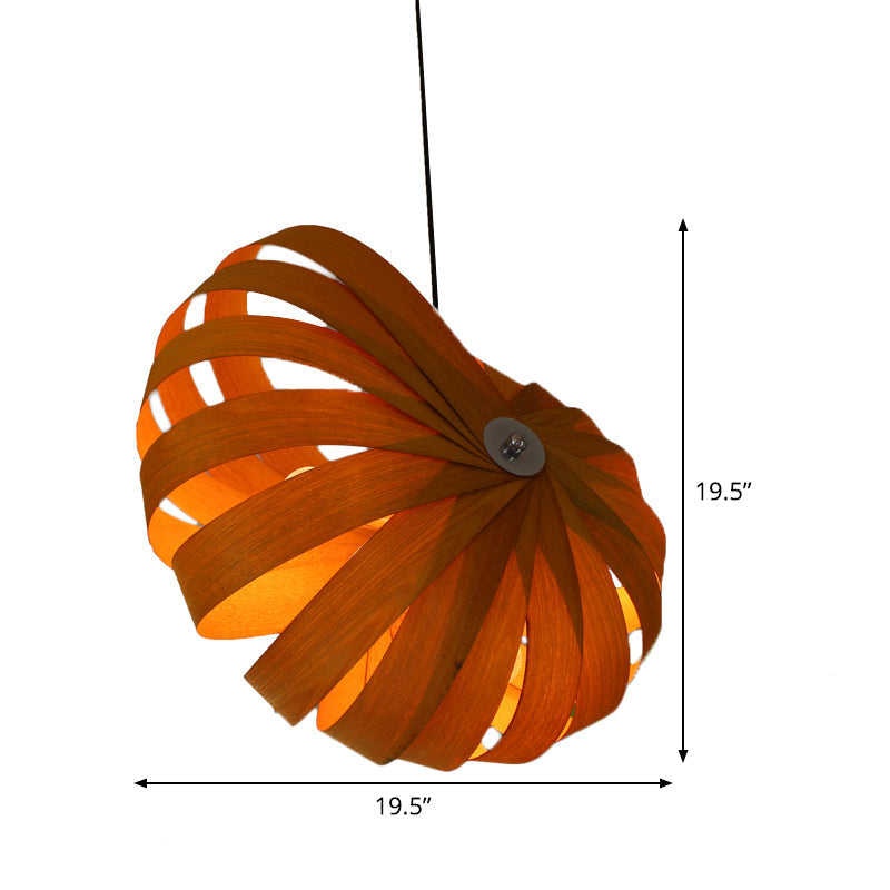 Asian Yellow Pendant Ceiling Light With Curvy Wood Shade For Restaurateurs