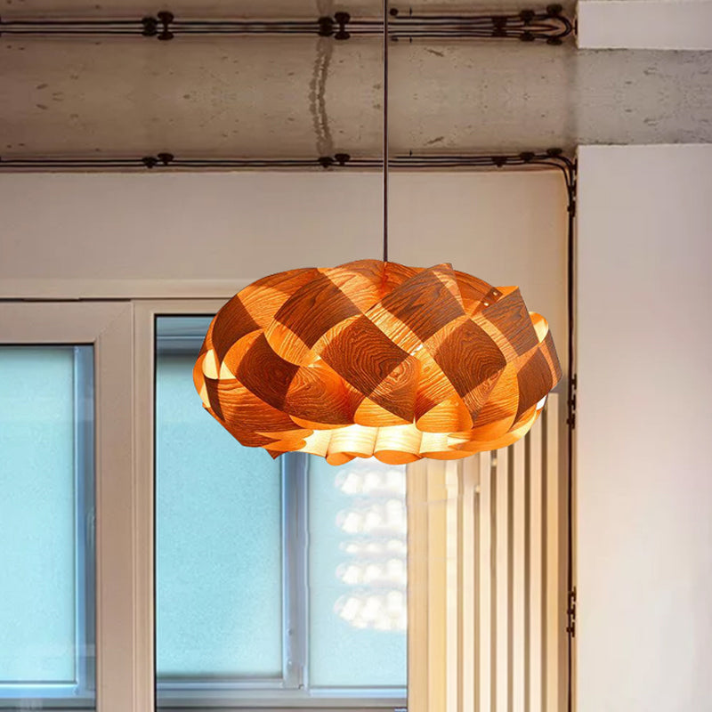 Japanese Rounded Drum Wood Ceiling Light Fixture In Beige - 1 Head Suspended Lighting