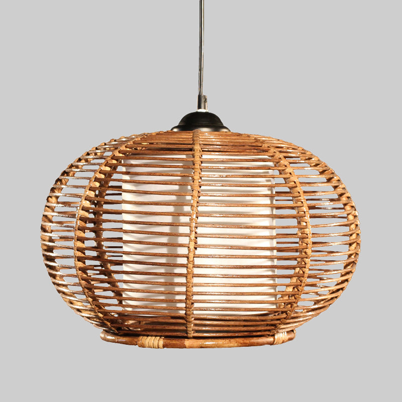 Coffee Pumpkin Rattan Hanging Lamp With Asian Influence 1 Head Ceiling Pendant Light And Tube-Styled