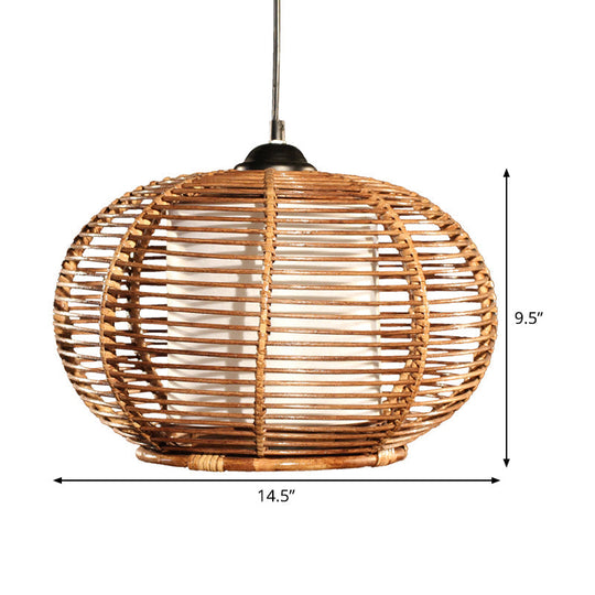 Coffee Pumpkin Rattan Hanging Lamp With Asian Influence 1 Head Ceiling Pendant Light And Tube-Styled