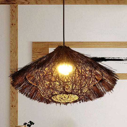 Chinese Rattan Tapered Hanging Light With Coffee Finish - 1 Head Suspended Lighting Fixture Multiple