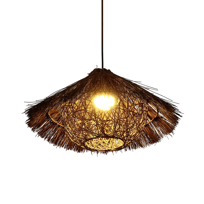 Chinese Rattan Tapered Hanging Light With Coffee Finish - 1 Head Suspended Lighting Fixture Multiple