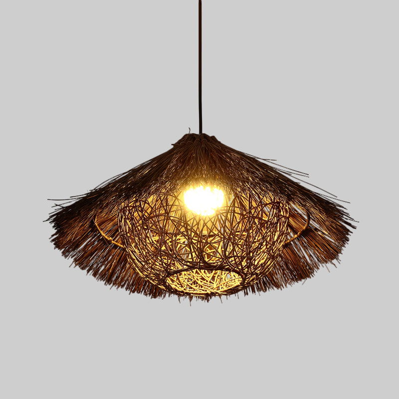 Chinese Rattan Tapered Hanging Light With Coffee Finish - 1 Head Suspended Lighting Fixture Multiple