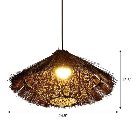 Chinese Rattan Tapered Hanging Light With Coffee Finish - 1 Head Suspended Lighting Fixture Multiple