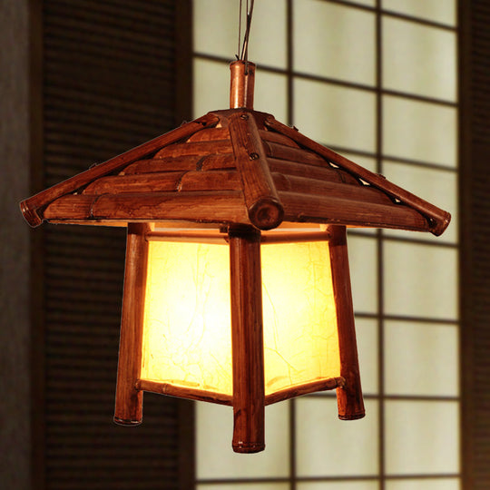 Asian Brown Pendant Light With Tower Wood Shade - 1 Bulb Restaurant Ceiling Lighting Fixture