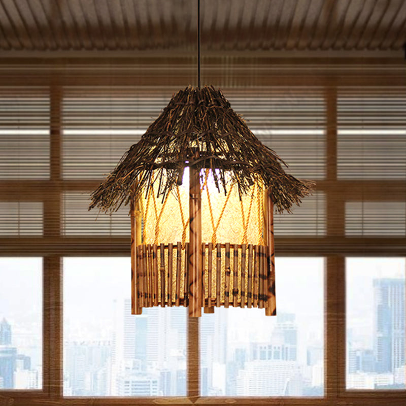 Handcrafted Chinese Wood Pendant Light In Brown