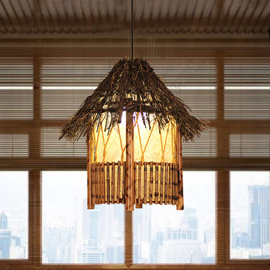 Handcrafted Chinese Wood Pendant Light In Brown