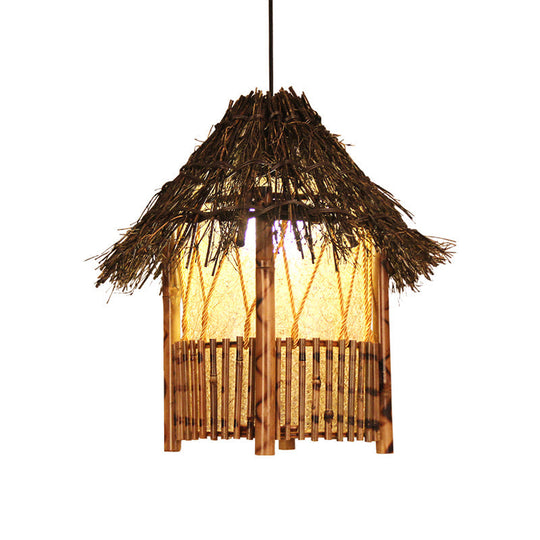 Handcrafted Chinese Wood Pendant Light In Brown