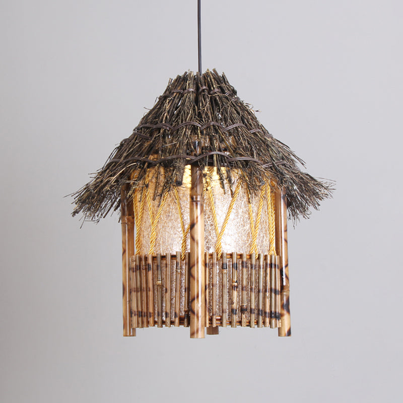Handcrafted Chinese Wood Pendant Light In Brown