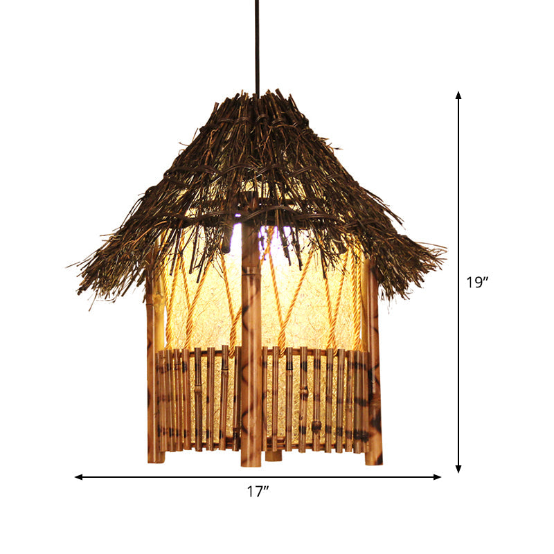 Handcrafted Chinese Wood Pendant Light In Brown
