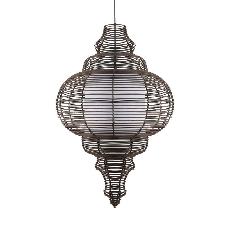 1-Bulb Chinese Ceiling Lamp With Coffee Gourd Design And Rattan Shade