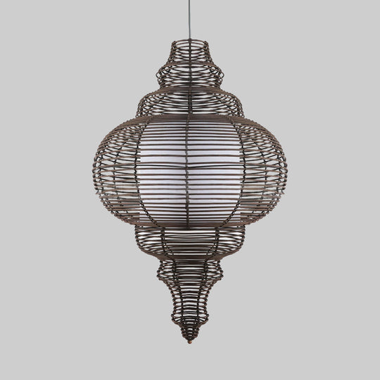 1-Bulb Chinese Ceiling Lamp With Coffee Gourd Design And Rattan Shade