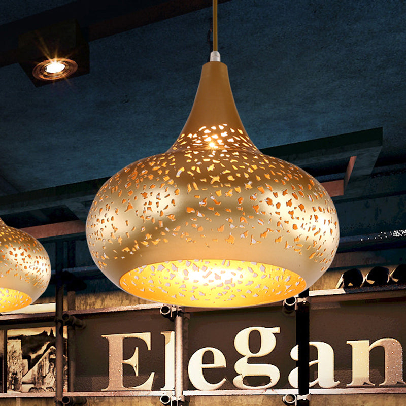 Metal Droplet Hanging Light: 1-Bulb Pendant Fixture In Silver/Bronze/Gold For Bedroom