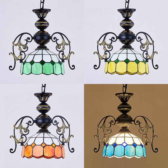 Suspension rustique en forme de dôme avec chaîne de suspension - Jaune/orange/vert/bleu - 1 lampe - Finition noire - pour salle à manger
