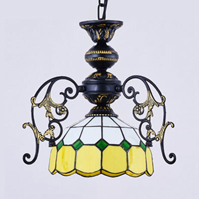 Suspension rustique en forme de dôme avec chaîne de suspension - Jaune/orange/vert/bleu - 1 lampe - Finition noire - pour salle à manger