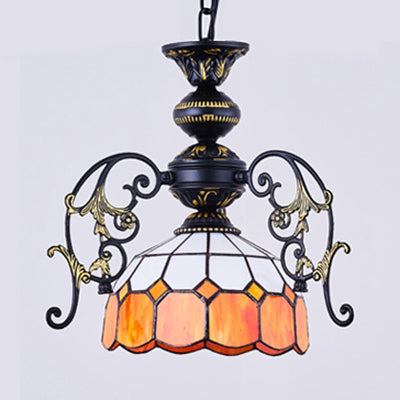 Suspension rustique en forme de dôme avec chaîne de suspension - Jaune/orange/vert/bleu - 1 lampe - Finition noire - pour salle à manger