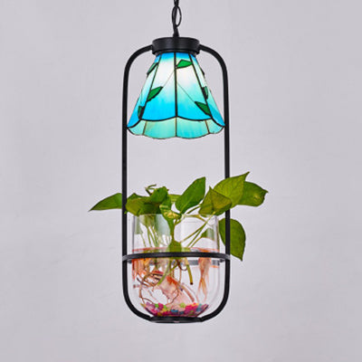 Tiffany Style Blue/Beige Cone Pendant Light Fixture - Stylishly Handcrafted 1-Head Glass Ceiling