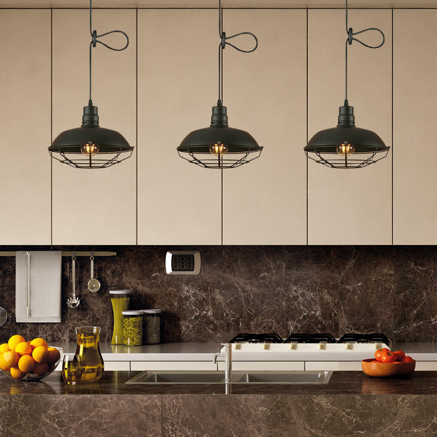 Industrial Style Barn Metallic Hanging Light With 3/5 Lights Black Finish And Wire Cage - Perfect