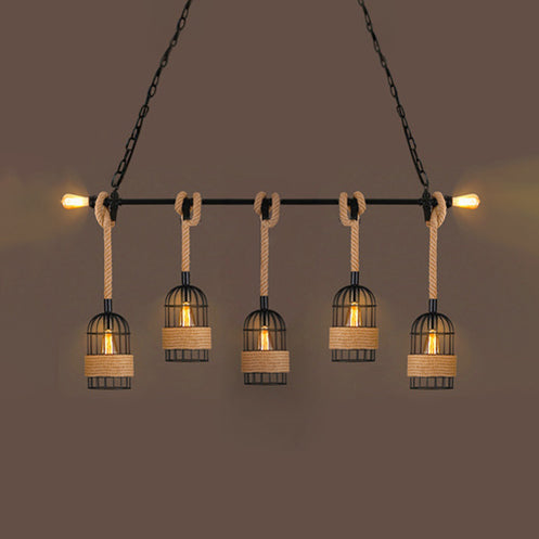 Industrial Birdcage Pendant Light – Black with Rope, 3/5 Bulbs for Lofts & Restaurants