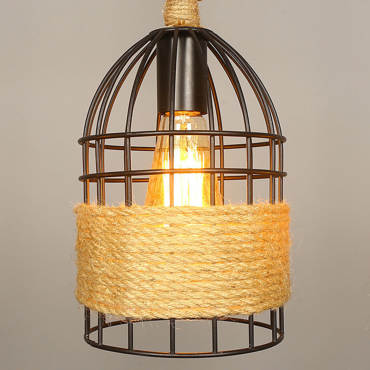 Industrial Birdcage Pendant Lighting With Natural Rope - Black Finish