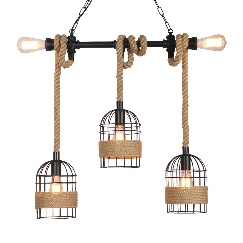 Industrial Birdcage Pendant Light – Black with Rope, 3/5 Bulbs for Lofts & Restaurants