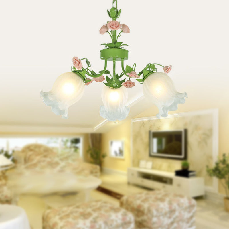 Green Glass Chandelier With Floral Pendant - Perfect For Living Room 3 /