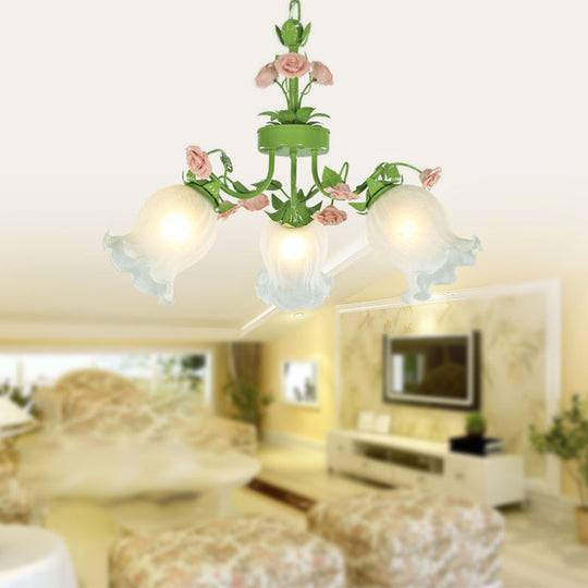 Green Glass Chandelier With Floral Pendant - Perfect For Living Room 3 /