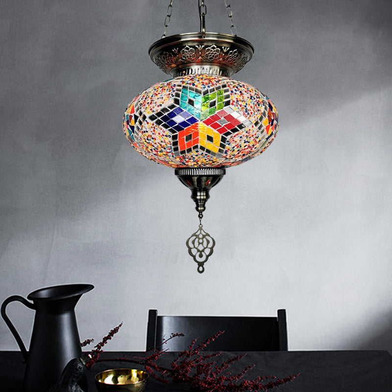 Traditional Stained Glass Red/Blue Pendant Light - Oval Ceiling Hanging Fixture