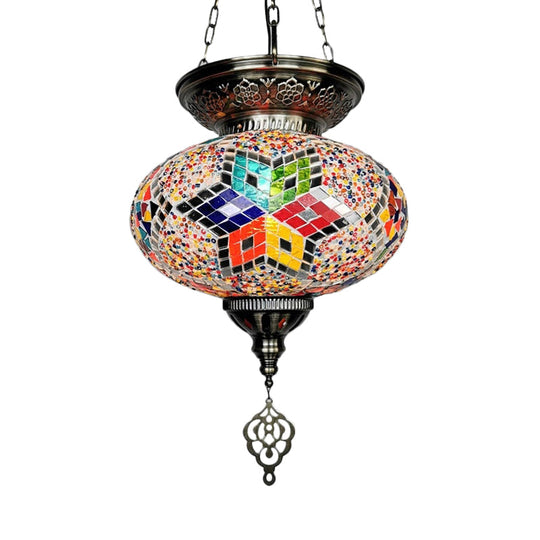 Traditional Stained Glass Red/Blue Pendant Light - Oval Ceiling Hanging Fixture