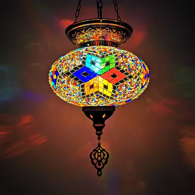 Traditional Stained Glass Red/Blue Pendant Light - Oval Ceiling Hanging Fixture