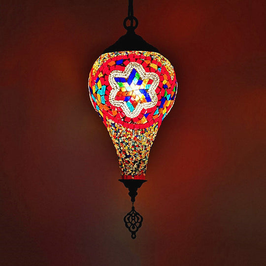 Ice Cream Pendant Light Fixture - Traditional White/Red/Yellow Stained Art Glass Ceiling Lamp