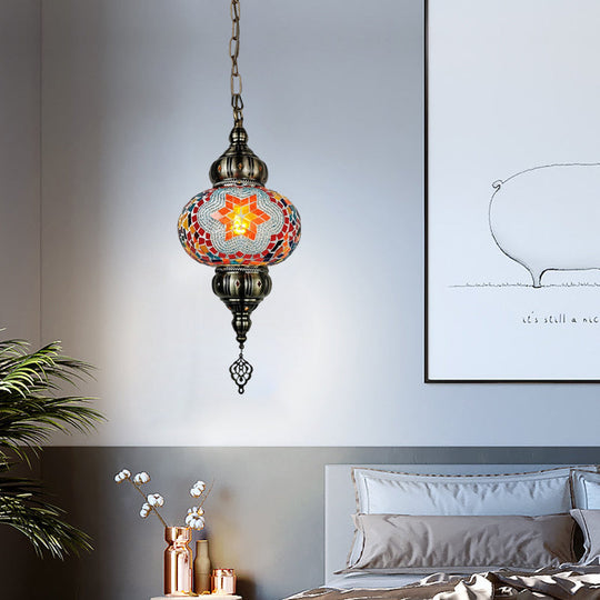 Traditional Stained Glass Oval Pendant Light Kit - Bedroom Hanging Lamp (1 Head) In White/Red/Orange