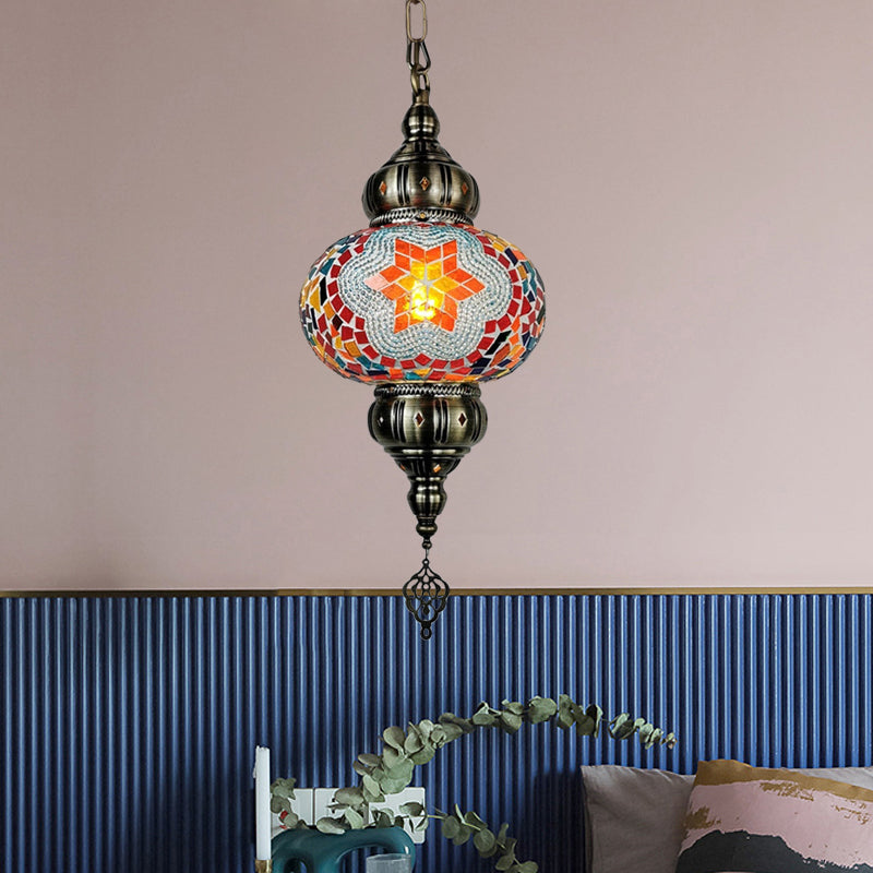 Traditional Stained Glass Oval Pendant Light Kit - Bedroom Hanging Lamp (1 Head) In White/Red/Orange